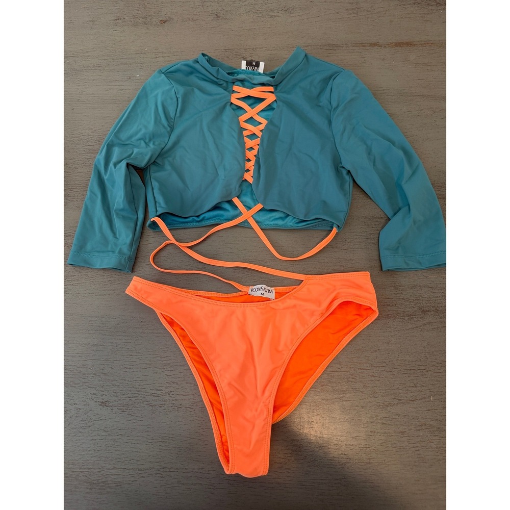 Icon Swim Womens Teal Orange Lace Up Long Sleeve Rash Guard Bikini Set Size M